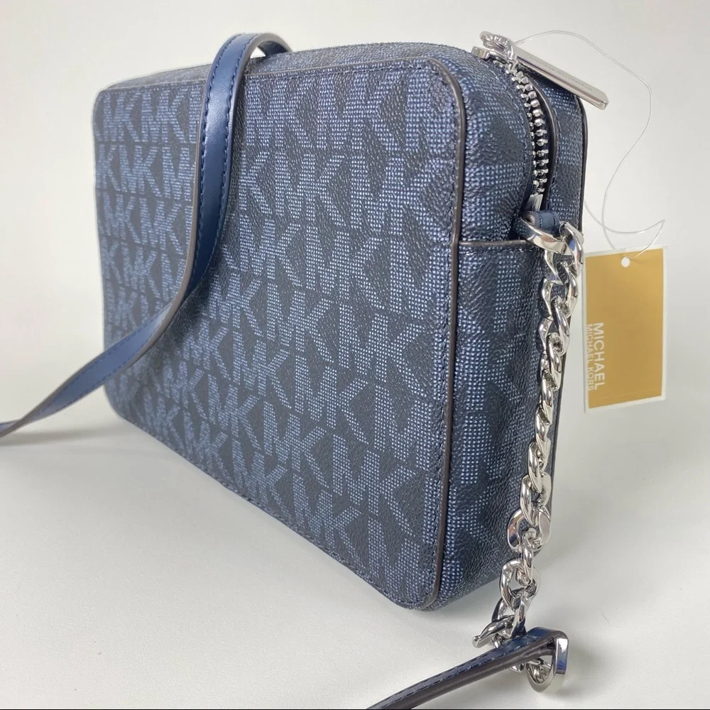 Michael Kors Large Jet set Chain Charm Crossbody Bag Navy with Signature print_11